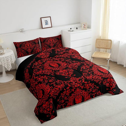 Feelyou Adults Red Vintage Damask Floral Comforter Set Oriental Antique Comforter King Size Gothic Bohemia Boho Bedding Set Exotic Sugar Skull Duvet Set Quilt Set 3Pcs