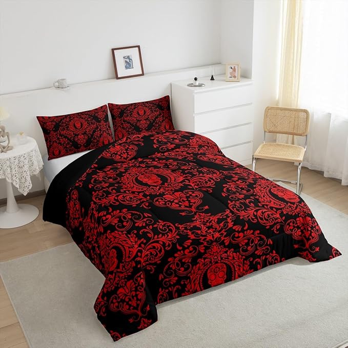 Feelyou Adults Red Vintage Damask Floral Comforter Set Oriental Antique Comforter Queen Size Gothic Bohemia Boho Bedding Set Exotic Sugar Skull Duvet Set Quilt Set 3Pcs