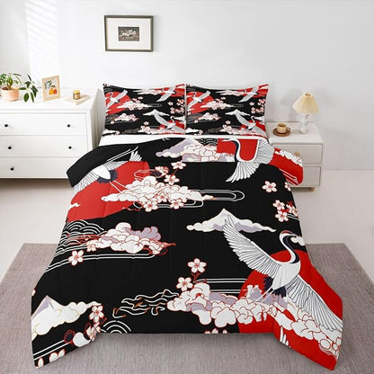 Japanese-Style Comforter Set Twin Size Crane Printed Cherry Blossoms Decor Down Comforter, for Adult Women Girls Teens Japanese Traditional Pattern Quilted Duvet Ukiyoe Theme Bedding Comforters