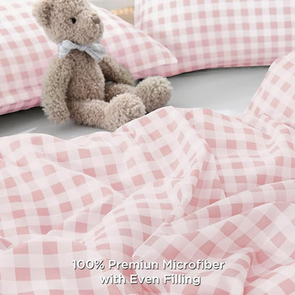 Andency Pink Gingham Comforter Set Queen(90x90Inch), Blush Checkered Grid Plaid Buffalo Bed Set for Girls Boys Kids Teens, 3 Pieces Lightweight Microfiber Geometric Preppy Bedding