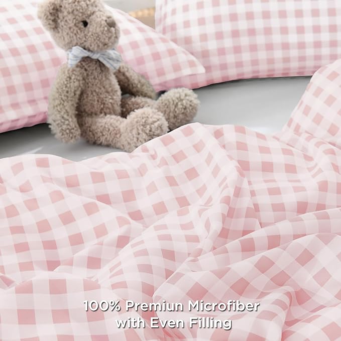 Andency Pink Gingham Comforter Set Twin(66x90Inch), Blush Checkered Grid Plaid Buffalo Bed Set for Girls Boys Kids Teens, 2 Pieces Lightweight Microfiber Geometric Preppy Bedding