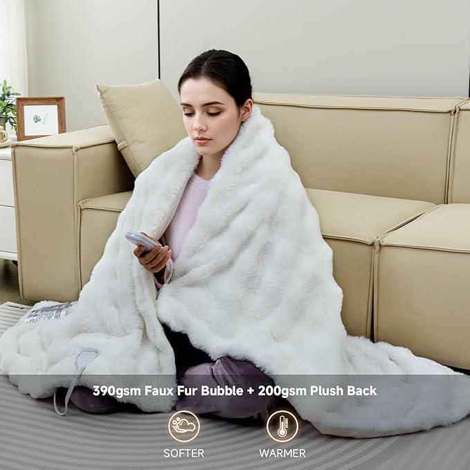 Heated Blanket Electric Throw- 50"x60" Soft Thick Bubble Electric Blanket for Sofa with 5 Heat Levels & 4 Hours Auto-Off Overheat Protection, Warm Cozy Gifts, Cream