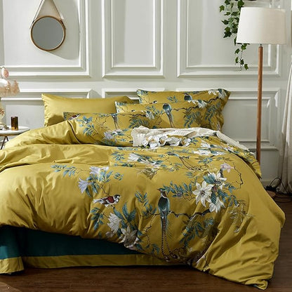 mixinni Vibrant Colored Comforter Twin XL Size Bed Floral Printed Comforter Set Flower Birds Bedding Comforter with 2 Pillowcases for All Season-Twin XL Size