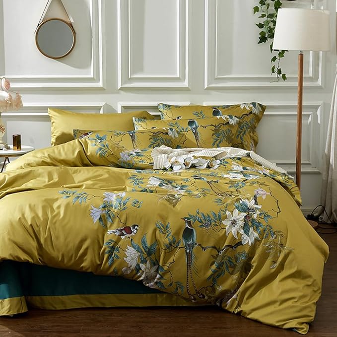 mixinni Floral Printed Full Comforter Set Flower Birds Pattern Bedding Comforter Set with 2 Matching Pillowcases-Full Size