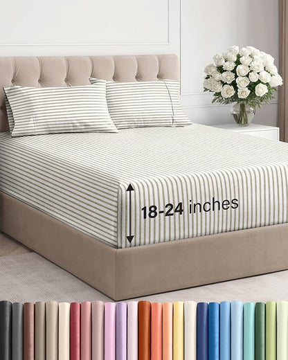 Extra Deep Twin XL Sheet Set - 4 Piece Breathable and Cooling Sheets - Hotel Luxury Bedding for Women, Men, Kids & Teens - Easy Secure Fit - Soft & Wrinkle Free - Extra Deep Pockets - Beige Stripes