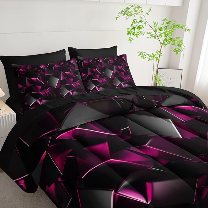 Black and Pink Geometric Comforter Set Full Size 7PCS,Abstract Triangular Printed Bedding Set for Adults,Geometric Mordern Art Decor All Seasons with Pillowcases,Flat, Fitted Sheet