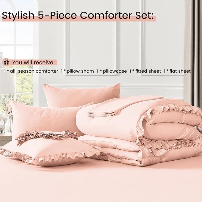 QUIETSEA Twin Bed in a Bag 5 Pieces Comforter Set Twin, Ruffle Shabby Chic Bedding Comforter Set Pink Bed Set with Comforter, Pillowcase, Flat Sheet, Fitted Sheet and Pillow Sham