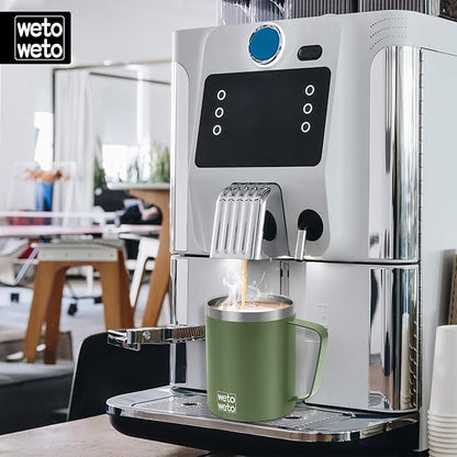 WETOWETO Coffee Mug with Handle, 14oz Insulated Stainless Steel Reusable Coffee Cup, Double Wall Coffee Travel Mug, Powder Coated Olive Green