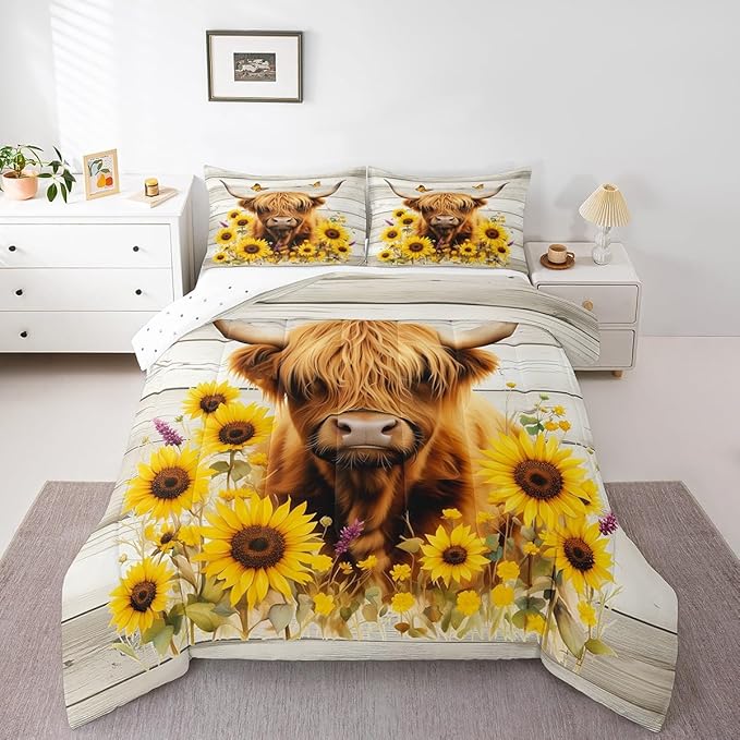 Feelyou Highland Cow Comforter Set Toddler Size Highland Cattle Comforter for Boys Girls Teens Animal Bedding Set Wildlife Duvet Set Room Decor Yellow Beige Quilt Set