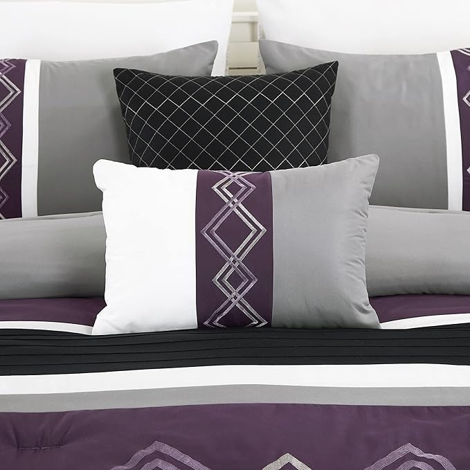 Chezmoi Collection Arden 7-Piece Modern Pleated Stripe Embroidered Zigzag Bedding Comforter Set (King, Purple/Black/Gray/White)