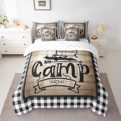 Erosebridal 7Pcs King Size Kids Comforter Set with Sheets, Rv Camper Decor Bedding Set for Kids Black and White Buffalo Plaid Comforter Sets Bed in a Bag for Boys Girls Farmhouse Decor