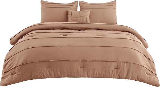 Bedsure Queen Comforter Set - 4 Pieces Pinch Pleat Bed Set, Taupe Boho Bedding for All Season, 1 Soft Comforter, 2 Pillowcases, 1 Decorative Pillow