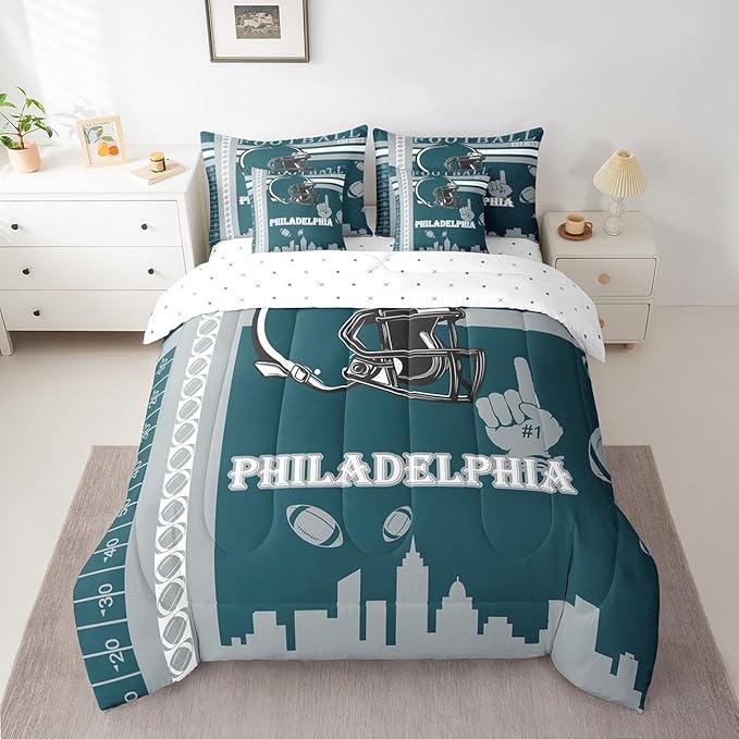 Feelyou Football 7 Pieces Comforter Sets Rugby Sports Bedding Set for Boys Kids Teen Twin Size Sports Theme Bed in a Bag with Comforter, Sheets, Pillowcases & Cushion Cover