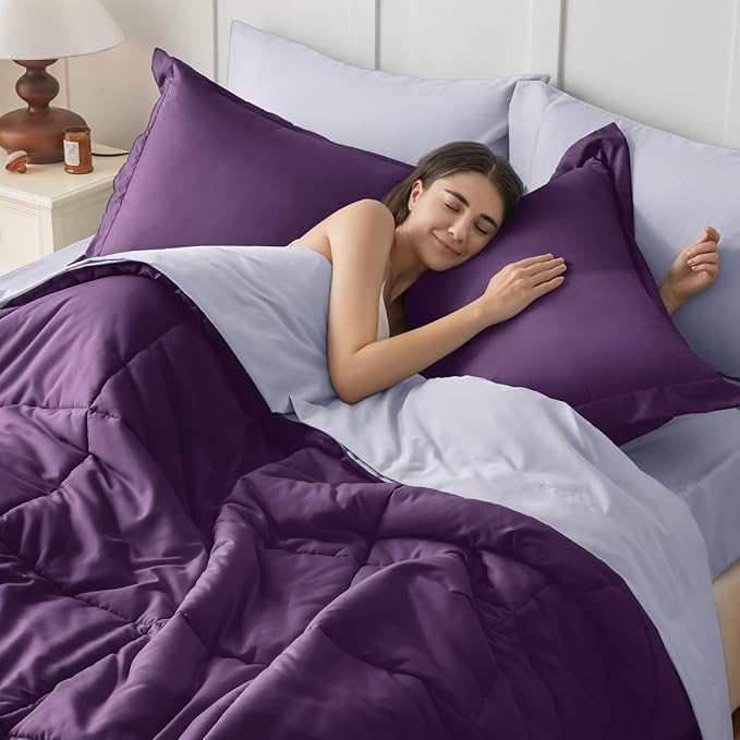 JOLLYVOGUE Twin Comforter Set, Ultra-Soft Bed in a Bag Twin Size 5 Pieces, Oeko-TEX Certified Bedding Set with Down Alternative Comforter, Sheets, Pillowcases & Shams, Purple & Lavender