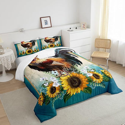 Erosebridal Chicken Comforter Set Queen Size Sunflower Bedding Grey Honeycomb Blue Yellow Rooster Down Farmhouse Wild Animal Leaves Room Decor Comforters & Sets for Adult Kids Boys,Multi 121