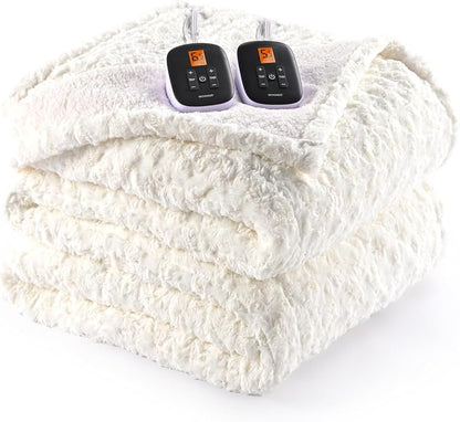 WOOMER Heated Blanket Queen Size 84" x 90", Electric Blanket with Dual Controls, 0.5-12 Hours Timer & 10 Heating Levels, ETL Certified, White Rose Patterns Faux Fur & Sherpa, Machine Washable