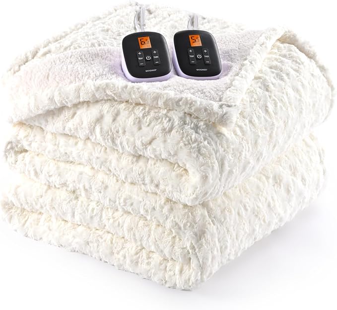 WOOMER Heated Blanket King Size 100" x 90", Electric Blanket with Dual Controls, 0.5-12 Hours Timer & 10 Heating Levels, ETL Certified, White Rose Patterns Faux Fur & Sherpa, Machine Washable