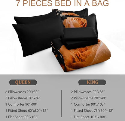 Xruibed Floral Comforter Set Queen 7 Piece Bed in a Bag Orange Rose Flower Comforter with Sheet Set Soft Micorfiber Bedding Set (1 Comforter,2 Pillow Shams,1 Flat Sheet,1 Fitted Sheet,2 Pillowcases)