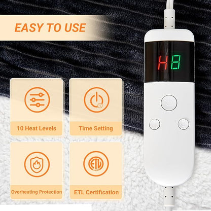 Heated Blanket Electric King, Soft Flannel Heating Blanket with 8 Hours Auto Off 10 Fast Heating Levels Machine Washable Sherpa Heated Blanket with Overheating Protection