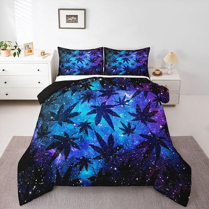 Erosebridal Leaves Comforter Set Teens Galaxy Bedding Set King for Women Men Youth Leaves Duvet Set Soft Chic Purple Blue Duvet Set Room Decor Quilt Set