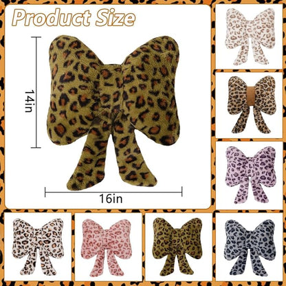 2Pcs Leopard Print Bow Throw Pillow Furry Bow Plush Pillows Cute Flower Plush Pillow Cheetah Home Decor Stuffed Bow Lumbar Pillow for Bed Couch Living Room Decor (Green, 16in)