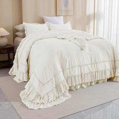 Masaca Oversized King Comforter 120x120,Farmhouse Shabby Boho Chic Ruffle California King Comforter Set French Country Rustic Bedding 3PCS (1 Ivory Ruffled Comforter+2 Pillow Shams)