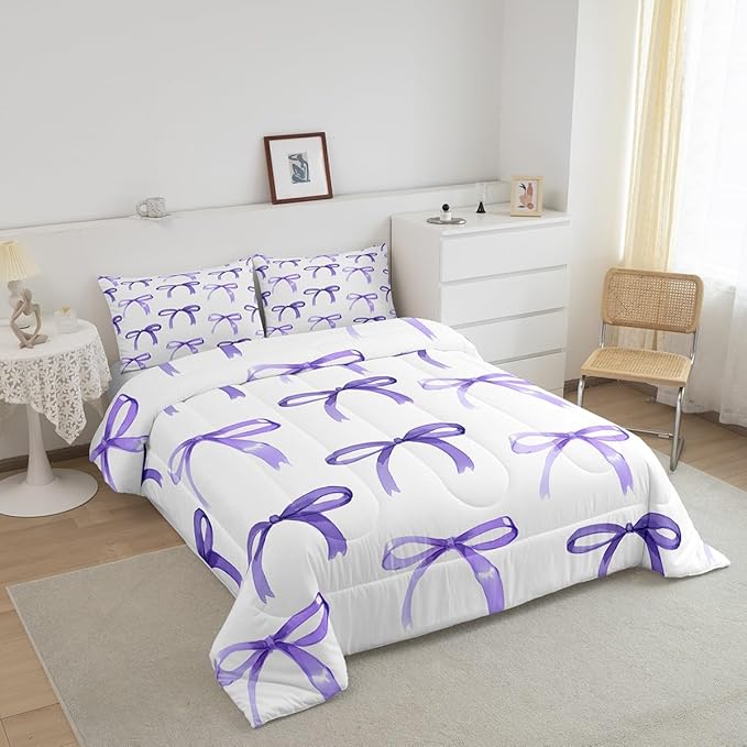 Feelyou Bow Bedding Set Twin Size Purple Comforter for Kids, Women, Men - Ultra Soft Cute Bowknot Duvet Set, Kawaii Room Decor, Lovely Quilt Set for Boys and Girls