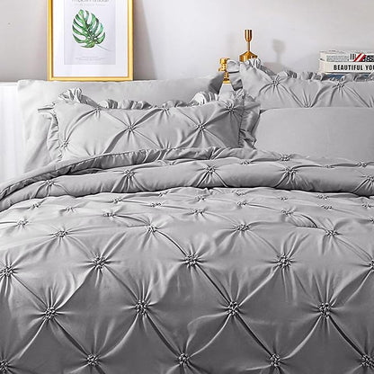 JOLLYVOGUE Gray Bed in a Bag Comforter Set for Bedroom, Pintuck Full Size Comforter Sets 7 Pieces,Beddding Sets with Comforter, Sheets,Ruffled Shams & Pillowcases