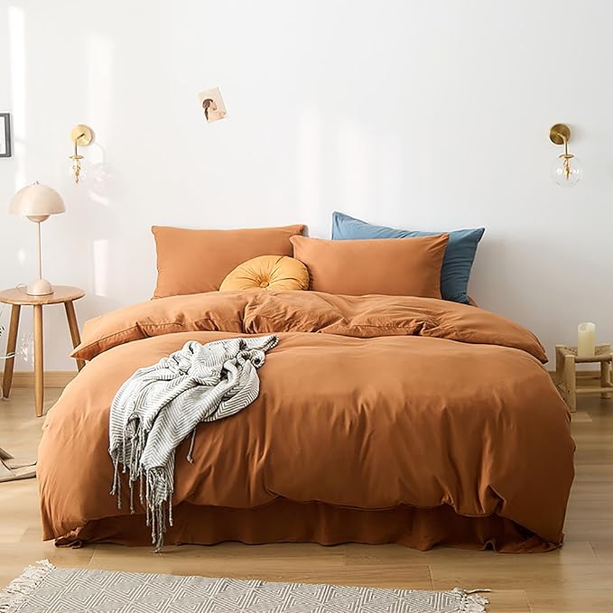 Cottonight Full Comforter Set Pumpkin Rust Bedding Set Terracotta Burnt Orange Blanket Quilts Cotton Solid Fashion Bedding Set for Women Men Full Bed