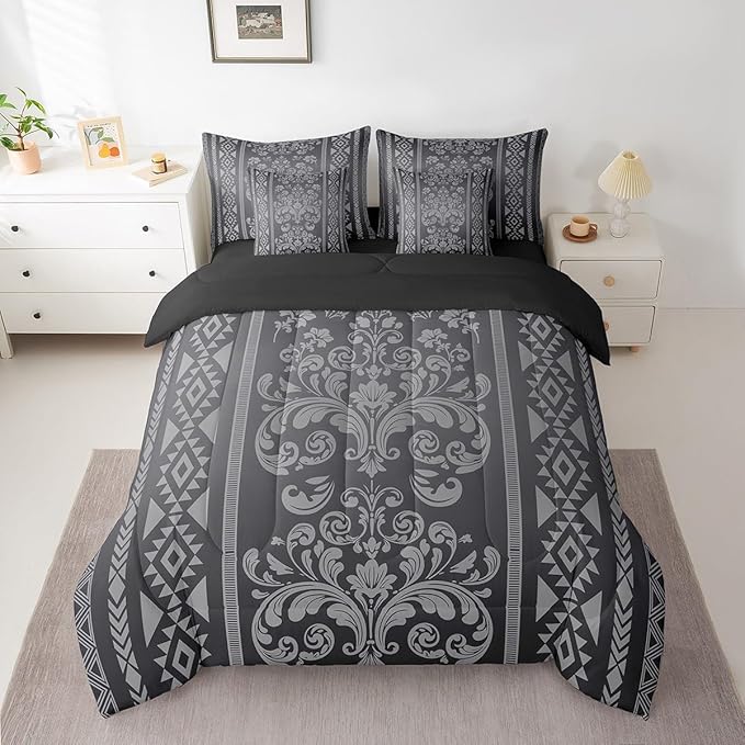 Comforter Set King Size, Blue Grey Aztec Damask 7 Pcs Bedding for Kids and Adults, Victorian Decor Western Baroque Goth Bed Sheet Sets with Fitted Sheet 2 Pillowcases & 2 Shams for Bedroom Bed Decor