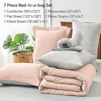 BEDELITE King Size Comforter Set 7 Pieces Bed in A Bag - Soft Microfiber Reversible Dusty Pink Bed Set with Comforters, Sheets, Pillowcases & Shams, Cozy Luxury Bedding Sets for All Season