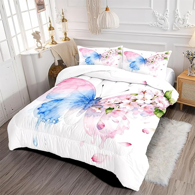 Butterfly Comforter Set Queen 3 Pieces Blue Pink Butterfly Bedding Set for Kids Teens Butterflies Cherry Blossom Comforter with 2 Pillowcases,White Super Soft Microfiber All Season