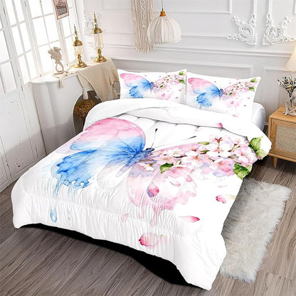 Butterfly Comforter Set Queen 3 Pieces Blue Pink Butterfly Bedding Set for Kids Teens Butterflies Cherry Blossom Comforter with 2 Pillowcases,White Super Soft Microfiber All Season