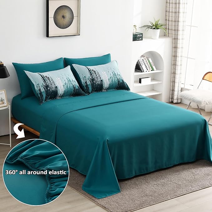 WONGS BEDDING Comforter Set Queen,Teal Green 7 Pieces Bed in a Bag Colorful Abstract Art Gradient Comforter Soft Microfiber Bedding Set with Comforter,Flat Sheet,Fitted Sheet,Pillow Shams,Pillowcases