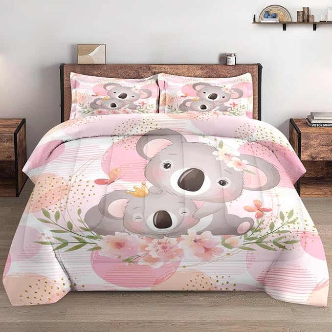 Comforter Set Full Size, Cute Koala Bear 3 Pcs Soft Bedding Set for Kids and Adults, Floral Animal Flower Comforter Set with 2 Pillowcases, for Bedroom Bed Decor