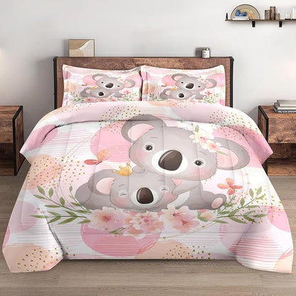 Comforter Set Queen Size, Cute Koala Bear 3 Pcs Soft Bedding Set for Kids and Adults, Floral Animal Flower Comforter Set with 2 Pillowcases, for Bedroom Bed Decor
