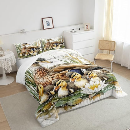 Animals Duck Toddler Bedding Set,Kawaii Duck Family Comforter Set Reversible Bed Set KidsBedroom Decor,Natural Flowers Leaves 2 Pieces Quilt Set,Farmhouse Wooden Cabin Duvet Insert,1 Pillow Case