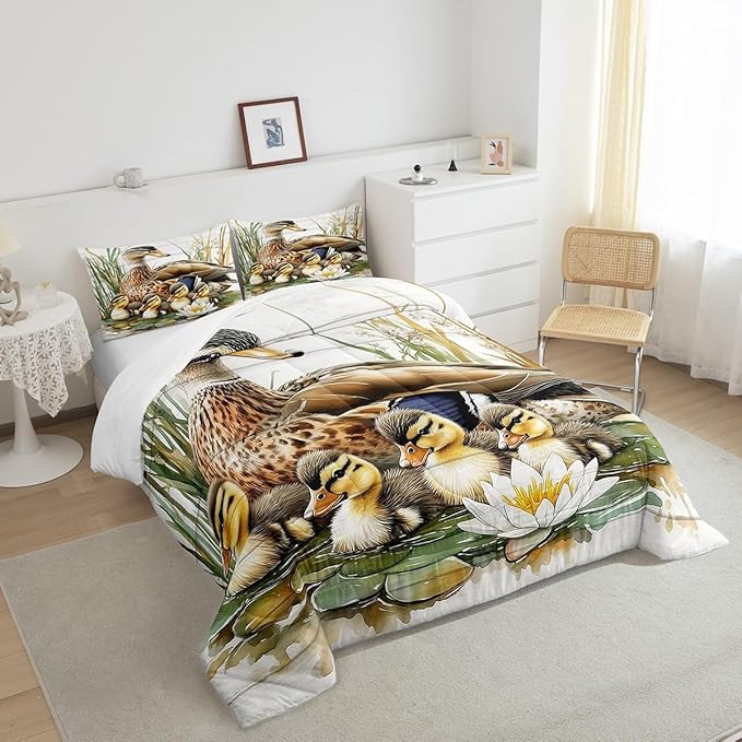Manfei Animals Duck King Bedding Set,Kawaii Duck Family Comforter Set Reversible Bed Set KidsBedroom Decor,Natural Flowers Leaves 3 Pieces Quilt Set,Farmhouse Wooden Cabin Duvet Insert,2 Pillow Cases