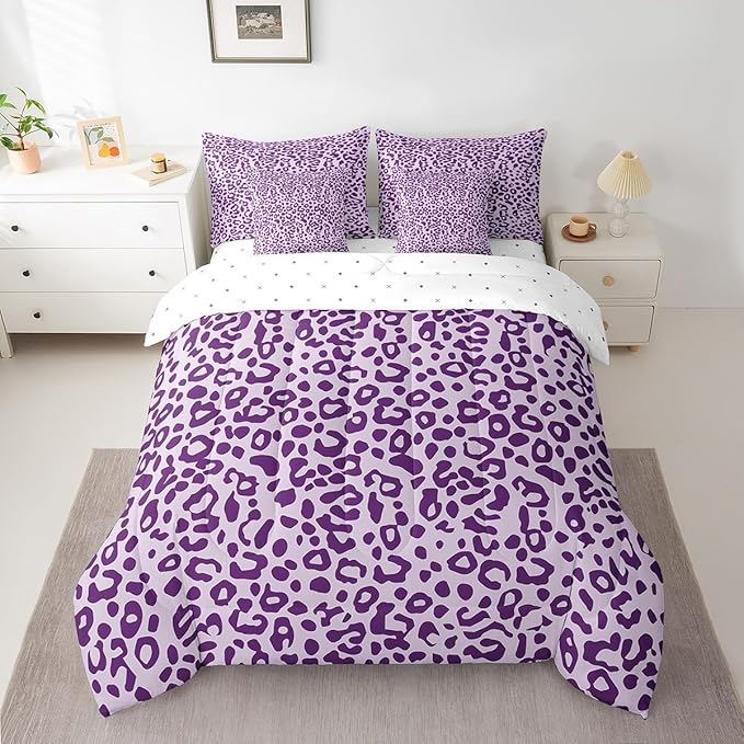 Feelyou Cute Leopard Bedding Set for All Season Cheetah 7 Pieces Comforter Sets Queen Size Teens Room Decor Purple Animal Print Bed in a Bag with Comforter, Sheets, Pillowcases & Cushion Cover