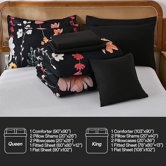 Anibedding 8Pieces King Size Comforter Set, Black Watercolor Floral Queen Size Bed in a Bag Comforter Set with Pillowcase, Sheets for All Season