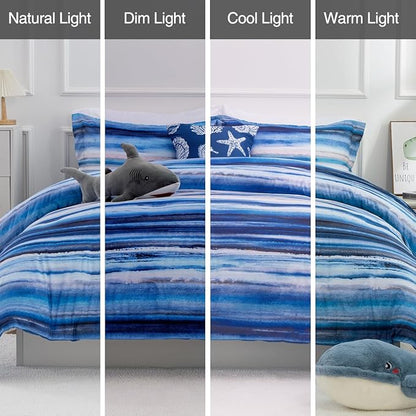 Holawakaka Beach Stripe Bedding Sets 6 Pieces, Blue Coastal Striped Comforter Set Queen Size All Season Geometric Bed Set, Nautical Bed in a Bag with Comforter, Sheets and Shams