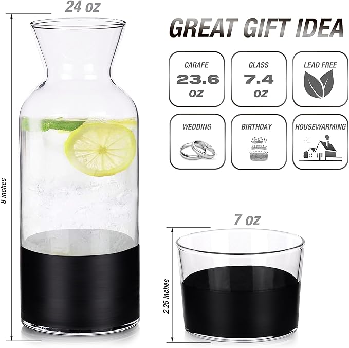 GARIZZE Bedside Water Carafe and Glass Set for Bedroom, Bedside Carafe and Glass Set, Mouthwash Decanter for Bathroom, Water Carafe with Glass Cup for Nightstand (24-oz/7-oz) (BLACK) Standard Package