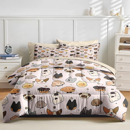 Nesker 5 Pcs Comforter Set Twin Size, Kids Cute Cartoon Pug Puppy Bedding Set for Kids and Adults, Animal Dog Cream Bed Sheet Sets with Fitted Sheet Pillowcases & Shams