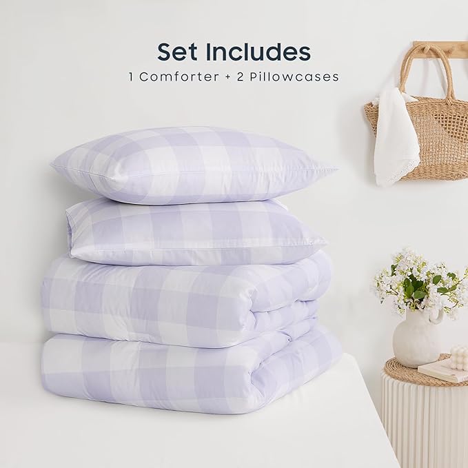 Wake In Cloud - Gingham Comforter Set, Plaid Buffalo Check Checkered Cottagecore Cute Geometric, Soft Lightweight Bedding, 3 Pieces, Light Purple, Twin/Twin XL Size