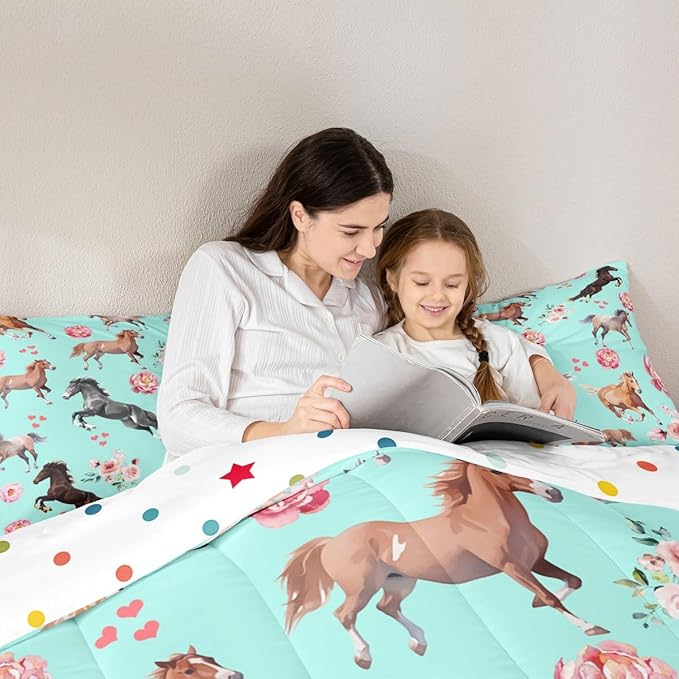 Horse Queen Comforter for Girls,Kawaii Farmhouse Horse Print Bedding Sets for Cowboy Cowgirl,Rustic Wild Animal Quilt Set,Watercolor Rose Flowers Leaves Duvet Insert with 2 Pillow Shams Lightweight