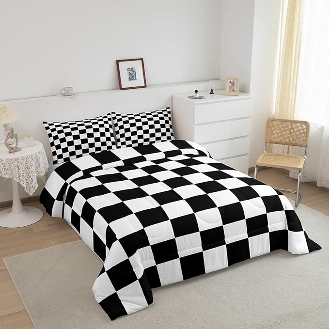 Feelyou Checkered Retro Bedding Set Teen Women Men Black White Plaid Comforter Set Full Size Kids Boys Girls Geometric Vintage Duvet Insert Modern Simple Groovy Aesthetic Room Decor