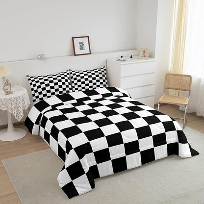 Feelyou Checkered Retro Bedding Set Teen Women Men Black White Plaid Comforter Set King Size Kids Boys Girls Geometric Vintage Duvet Insert Modern Simple Groovy Aesthetic Room Decor