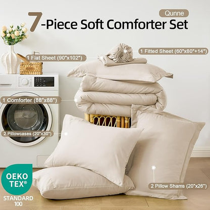 FUANNA Queen Comforter Set Beige, 7 Pieces Soft Bedding Sets Queen Size, All Season Lightweight Bed in a Bag with Comforter, Flat Sheet, Fitted Sheet, Pillowcases & Shams