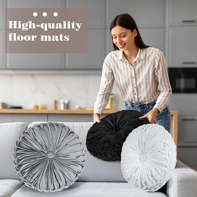 Yerliker 6 Pcs Floor Pillow Cushions 15inch Round Velvet Throw Pillows Colorful Flexible Cushions Alternative Pillows for Couch Chair Living Room Bedroom Home Office Decor(Black and White Color)