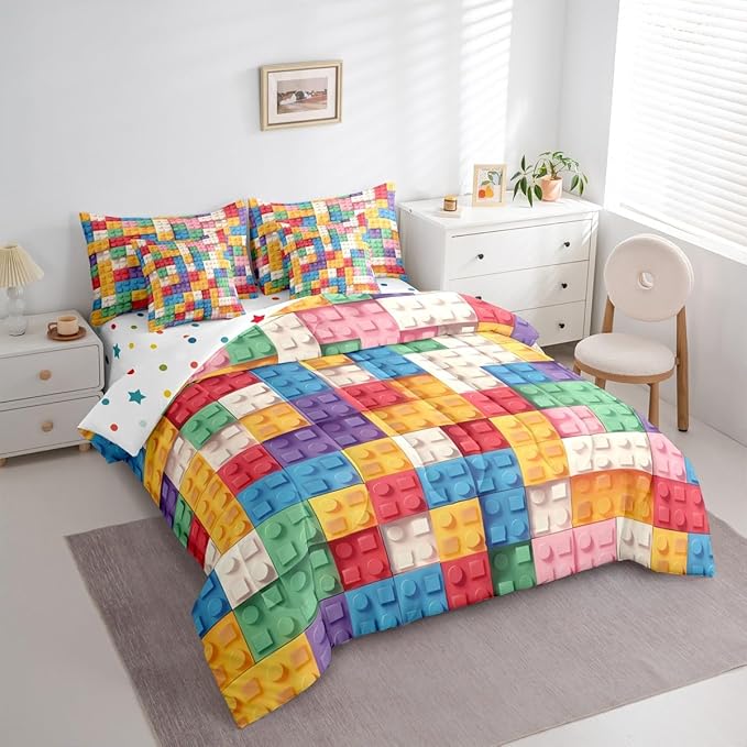 Feelyou Building Block Print 7 Piece Bedding Set Full Size Kids Brick Styles Comforter Set with Sheets for Boys Teens Colorful Gaming Bed in a Bag Green Red Yellow Blue Room Decor